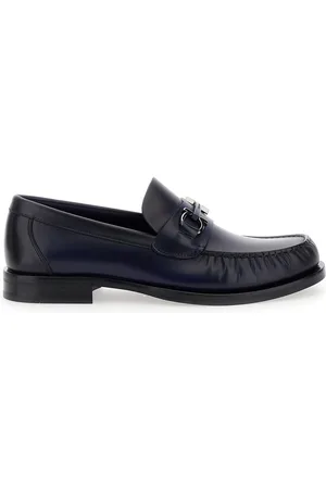 Salvatore Ferragamo Fort Blue Slip-on Loafers With Gancini Detail In Brushed Leather Man