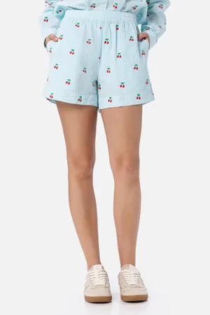 MC2 SAINT BARTH Woman Seersucker Striped Pull Up Shorts Meave With Cherry Patches