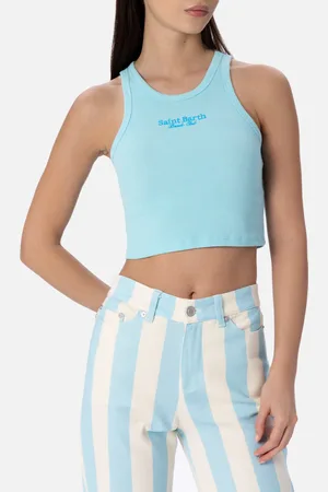 MC2 SAINT BARTH Woman Rib-knit Cotton Crop Tank With Saint Barth Beach Club Embroidery