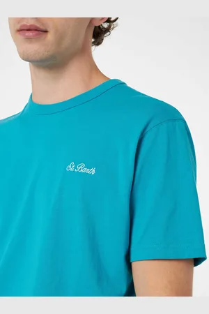 MC2 SAINT BARTH Man Teal Cotton Jersey T-shirt Dover With St. Barth Embroidery