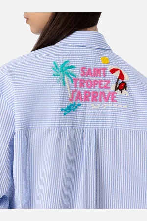 MC2 SAINT BARTH Woman Striped Print Cotton Over Shirt Brigitte With Front And Back St. Tropez Embroidery