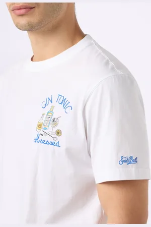 MC2 SAINT BARTH Man Cotton T-shirt With Gin Tonic Obsessed Embroidery