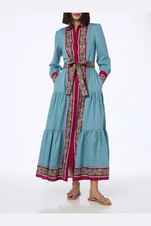 MC2 SAINT BARTH Woman Light Blue Linen Dress Jensen With Paisley Placed Print