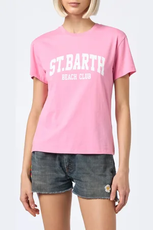 MC2 SAINT BARTH Woman Cotton Jersey Crewneck T-shirt Emilie With Saint Barth Beach Club Print