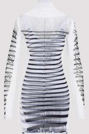 Jean Paul Gaultier Spandex Mesh Printed Feathers Mariniere Mini Dress