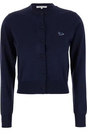 Maison Kitsuné Blue Crewneck Cardigan With Logo Patch On The Front In Wool Woman