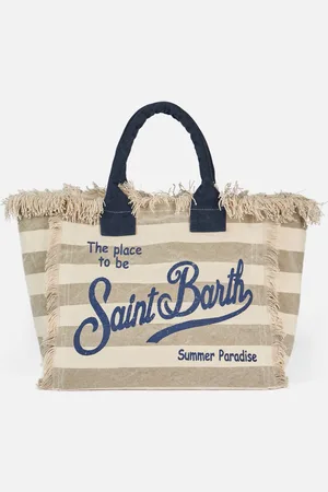 MC2 SAINT BARTH Beige Striped Cotton Canvas Vanity Tote Bag
