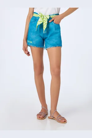 MC2 SAINT BARTH Woman Upcycled Turquoise Denim Shorts Arizona With Embroidery