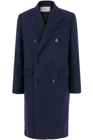 Ami Blue Double-breasted Coat With Peak Revers In Wool Man
