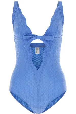Lisa Marie Fernandez Cerulean Blue Stretch Seersucker Scallop Bow Swimsuit