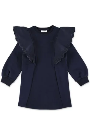Chloé Blue Long Sleeve Dress With Maxi Volant In Cotton Girl