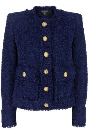 Balmain Blue Collarless Jacket With Gold Buttons In Tweed Woman