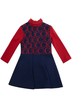 Gucci Red And Blue Long Sleeve Dress With Logo Lettering Print In Viscose Girl