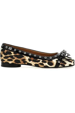 Ganni Leopard Eyelets Bow Ballet Flats