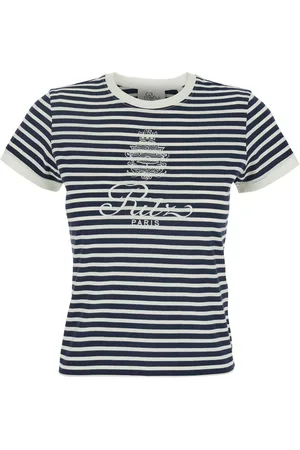 Frame Blue Crewneck T-shirt With Logo Print On The Front And All-over Striped Motif In Cotton Woman