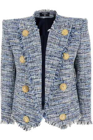 Balmain Side To Side Blue Jacket With Peak Revers And Jewel Buttons In Cotton Blend Woman