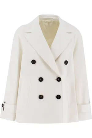 Brunello Cucinelli White Double Breasted Jacket With Beaded Jewelry Decoration In Cotton And Linen Blend Woman
