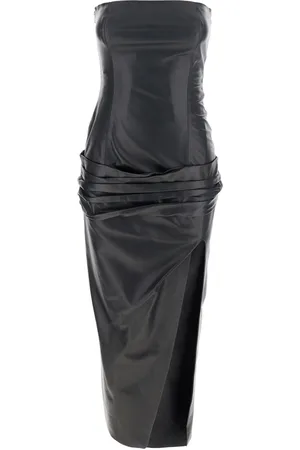 The Attico Sleeveless Off-shoulder Midi Dress With Front Single Slit And Ruched Waist In Leather Woman