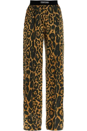 Tom Ford Wide Leg Leopard Print Silk Pants In Camel And Black