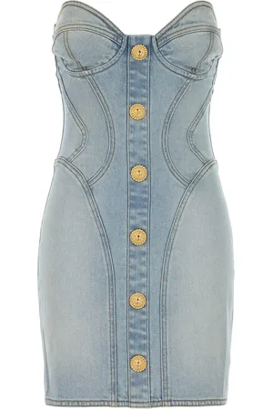 Balmain Strapless Button Detailed Denim Dress
