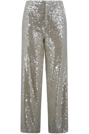 Serafini White Wide Leg Pants With All-over Sequins In Acetate Fabric Woman