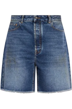 Palm Angels Logo Printed Frayed Hem Denim Shorts