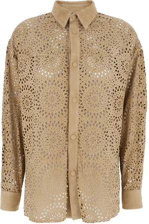 ELEVENTY Shirt With Classic Collar And All-over Perforated Motif In Suede Woman