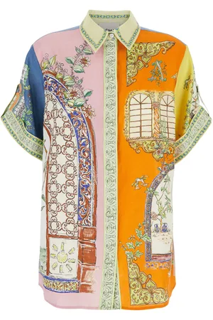 ALÉMAIS Monte Shirt With Color Block Inserts And Graphic Print In Linen Woman