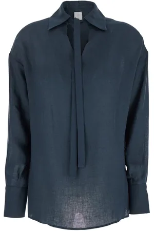 ELEVENTY Blue Shirt With Spread Collar And Front Tie Closure In Linen Woman