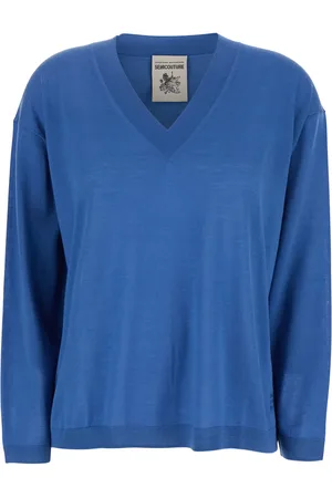 SEMICOUTURE Blue Sweater With V-neck And Logo Embroidered On The Side In Virgin Wool Woman