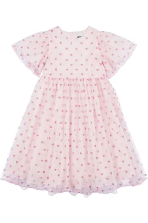 Moschino Crewneck Dress With Ruched Short Sleeves And All-over Heart Motif In Cotton Girl