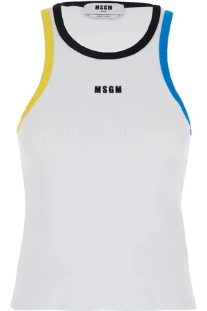 Msgm White Ribbed Top With Logo Embroidered On The Front In Cotton Woman