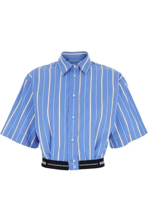Msgm Light Blue Crop Shirt With Striped Motif And Band With Logo In Cotton Woman