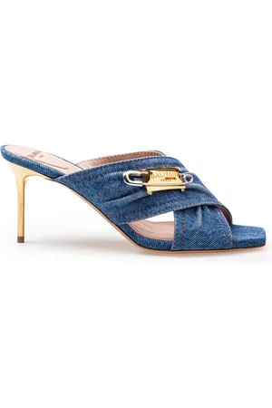 Balmain Safety Mule In Denim Fabric With Applied Pin