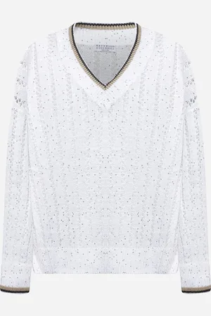 Brunello Cucinelli White Linen Dazzling Ribbed Net Sweater