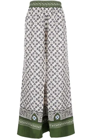 La DoubleJ Green Wide Pants With All-over Graphic Print In Silk Woman