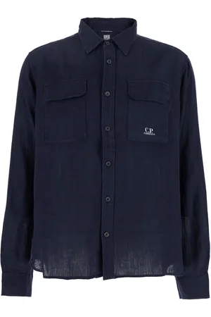 C.P. Company C. P. Company Blue Shirt With Lettering Logo Printed On The Front In Linen Man