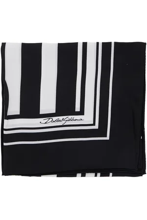 Dolce & Gabbana Black And White Square Scarf With Logo Lettering On The Front And All-over Striped Motif In Silk Man