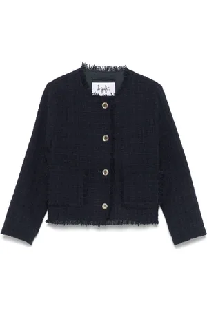 Il gufo Blue Jacket With Frayed Edges And Round Neck In Cotton Tweed Girl