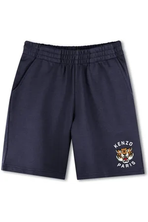 Kenzo Blue Bermuda Pants With Elastic Waist And Logo Print On The Front In Cotton Boy