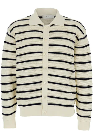 DUNST Knitted Cardigan With Wide Collar And All-over Stiped Motif In Cotton Man