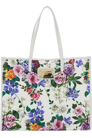 Dolce & Gabbana White Shopper With All-over Floral Motif In Fabric Woman