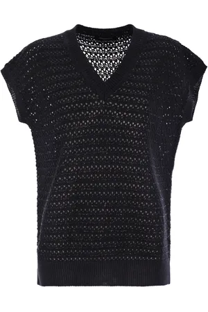 Fabiana Filippi Sequin Striped Crochet V Neck Cape Sleeve Sweater