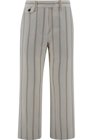 Brunello Cucinelli Multicolor Crop Pants With All-over Striped Motif And Monile Detail In Linen And Cotton Blend Woman