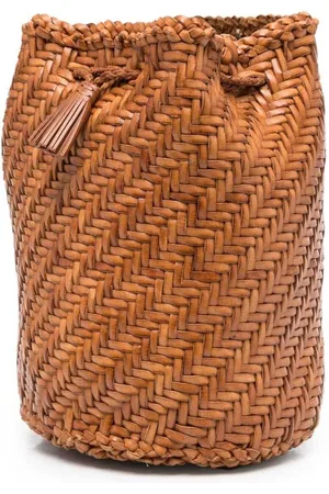 Dragon Diffusion Pompom Double Jump Camel Bucket Bag With Shoulder Strap In Hand-woven Leather Woman