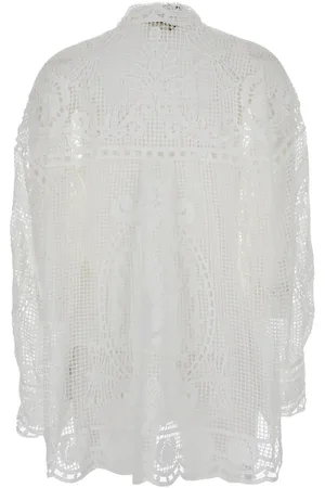 Farm Rio Swan Lake Shirt With Classic Collar And All-over Lace Embroidery In Tech Fabric Woman
