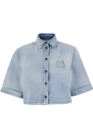 Msgm Light Blue Crop Shirt With Logo On The Front And Perforated Details In Denim Woman