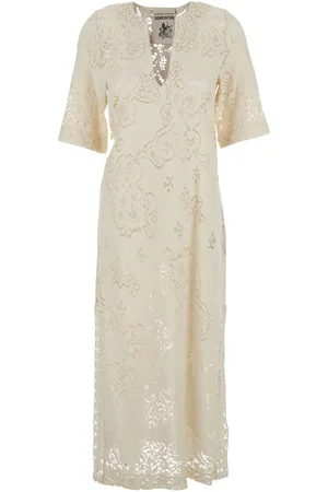 SEMICOUTURE Long Dress With Deep V-neck And Lace Details In Cotton Blend Woman