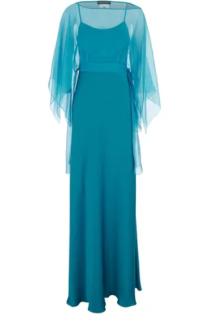 Alberta Ferretti Blue Long Dress With Layered Design And Upper Cape In Silk Blend Woman