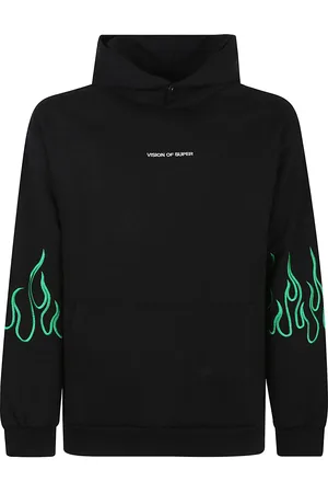 Vision Of Super Hoodie With Embroidered Green Flames, White Logo And Metal Button